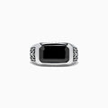 The Mens 925 Sterling Silver Onyx Ring, 4.38 TCW, features a large rectangular black onyx center with engraved geometric side patterns, displayed on a white background—a bold statement in mens jewelry.