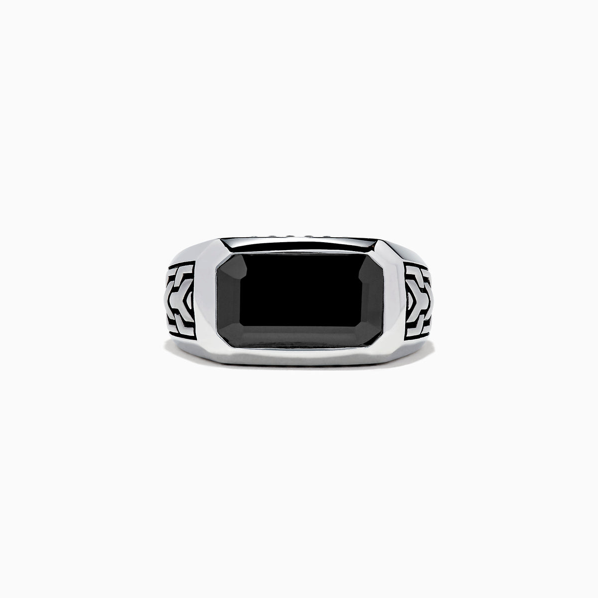 The Mens 925 Sterling Silver Onyx Ring, 4.38 TCW, features a large rectangular black onyx center with engraved geometric side patterns, displayed on a white background—a bold statement in mens jewelry.