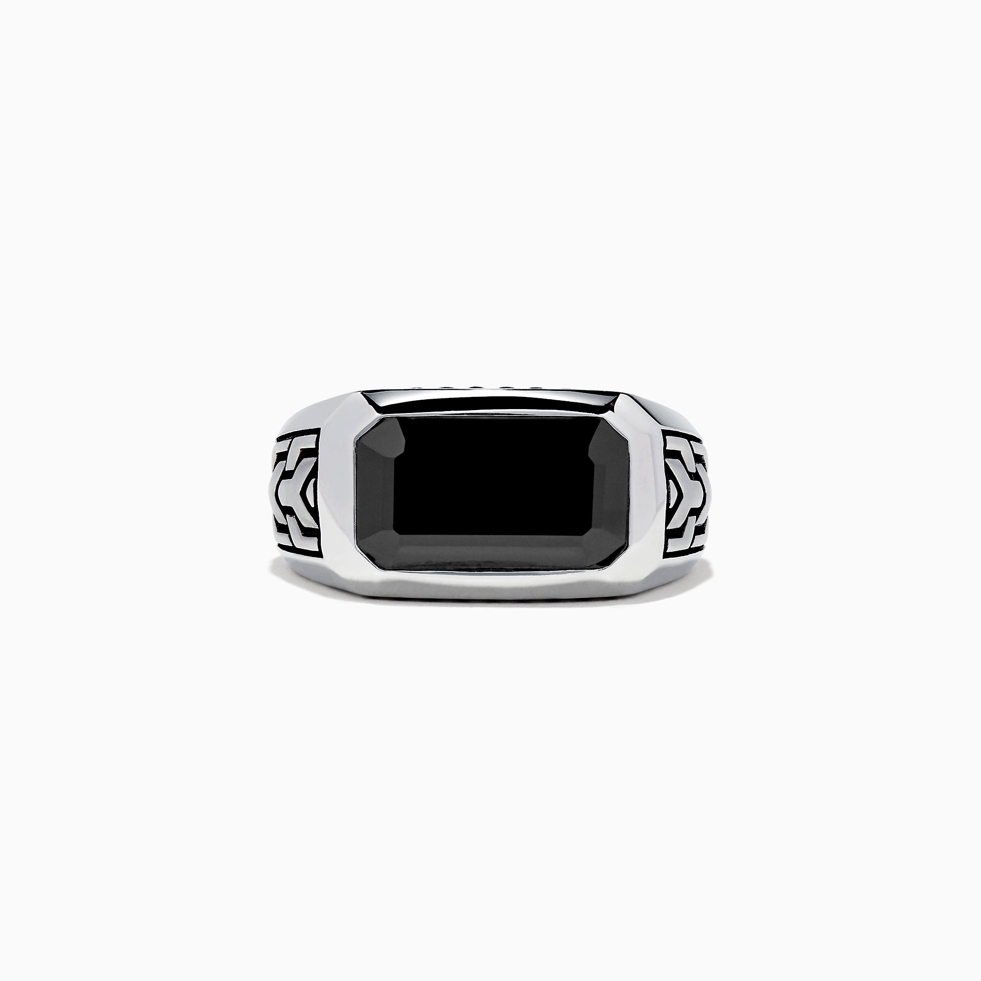 The Mens 925 Sterling Silver Onyx Ring, 4.38 TCW, features a large rectangular black onyx center with engraved geometric side patterns, displayed on a white background—a bold statement in mens jewelry.