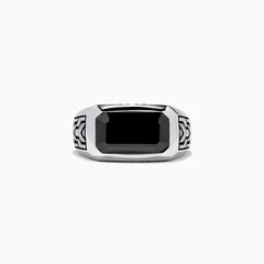 The Mens 925 Sterling Silver Onyx Ring, 4.38 TCW, features a large rectangular black onyx center with engraved geometric side patterns, displayed on a white background—a bold statement in mens jewelry.