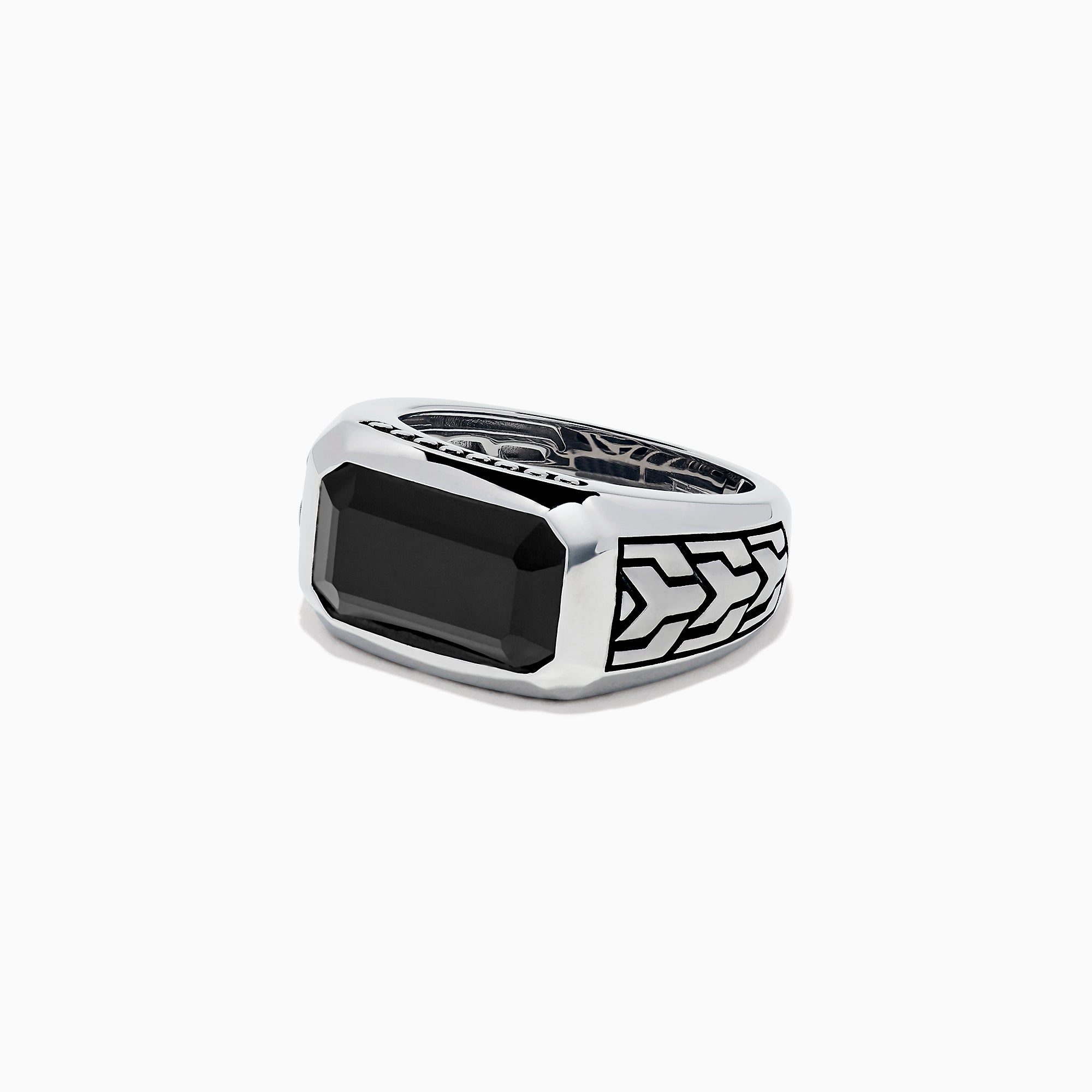 The Mens 925 Sterling Silver Onyx Ring, 4.38 TCW, features a large rectangular black onyx center with engraved geometric side patterns, displayed on a white background—a bold statement in mens jewelry.