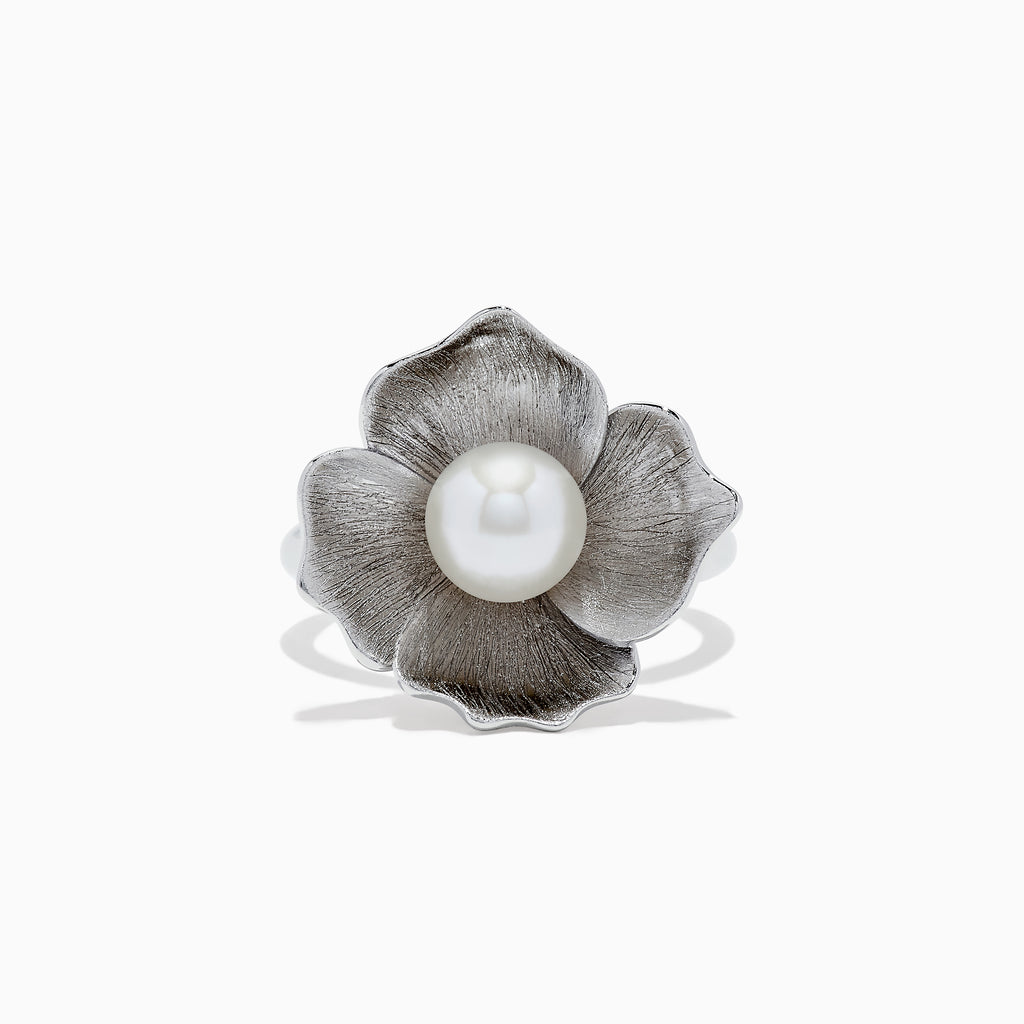 The 925 Sterling Silver Cultured Fresh Water Pearl Flower Ring features a textured floral design with a large round pearl centerpiece, shown against a white background.