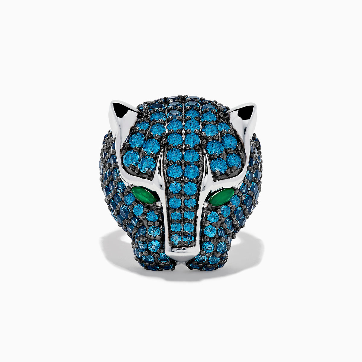 The 925 Sterling Silver Blue Topaz and Green Onyx Panther Ring features a panther’s head design with blue topaz gemstones and green onyx eyes, displayed on a white background.