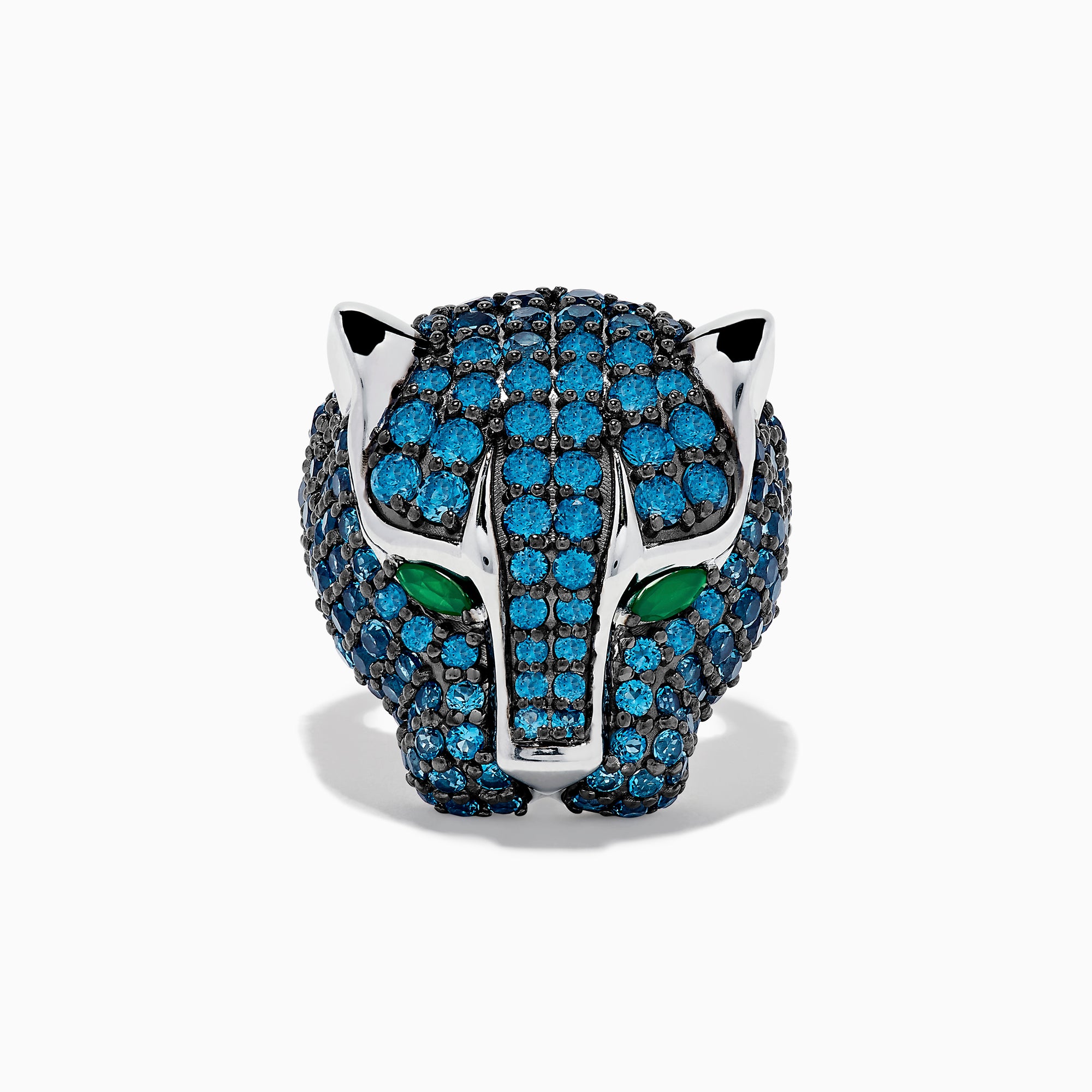 The 925 Sterling Silver Blue Topaz and Green Onyx Panther Ring features a panther’s head design with blue topaz gemstones and green onyx eyes, displayed on a white background.