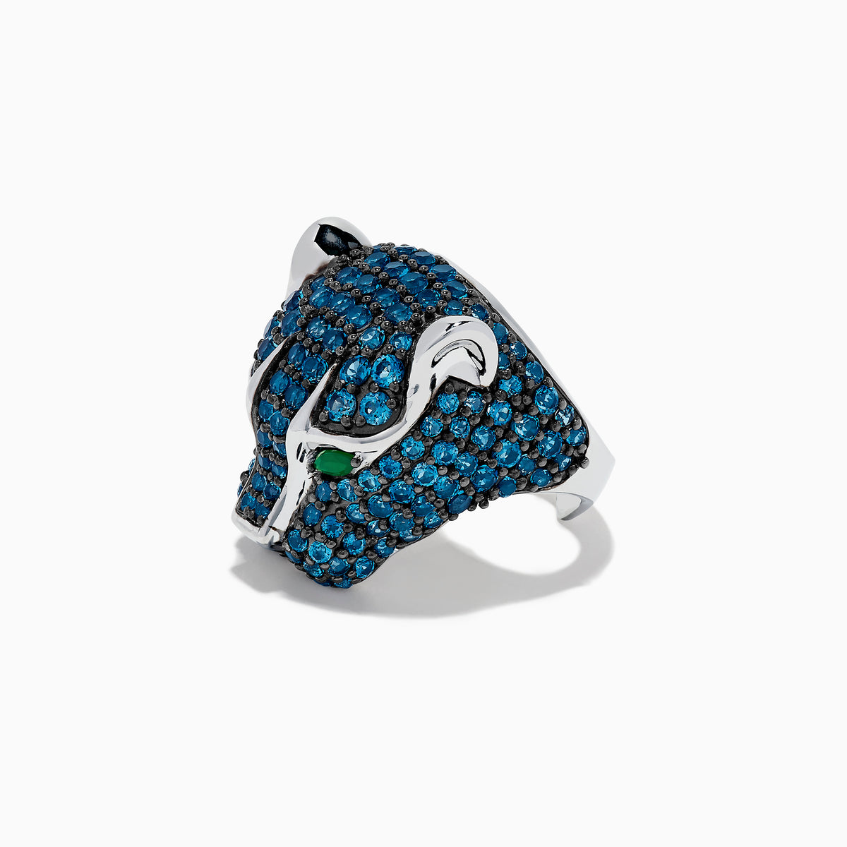 The 925 Sterling Silver Blue Topaz and Green Onyx Panther Ring features a panther’s head design with blue topaz gemstones and green onyx eyes, displayed on a white background.