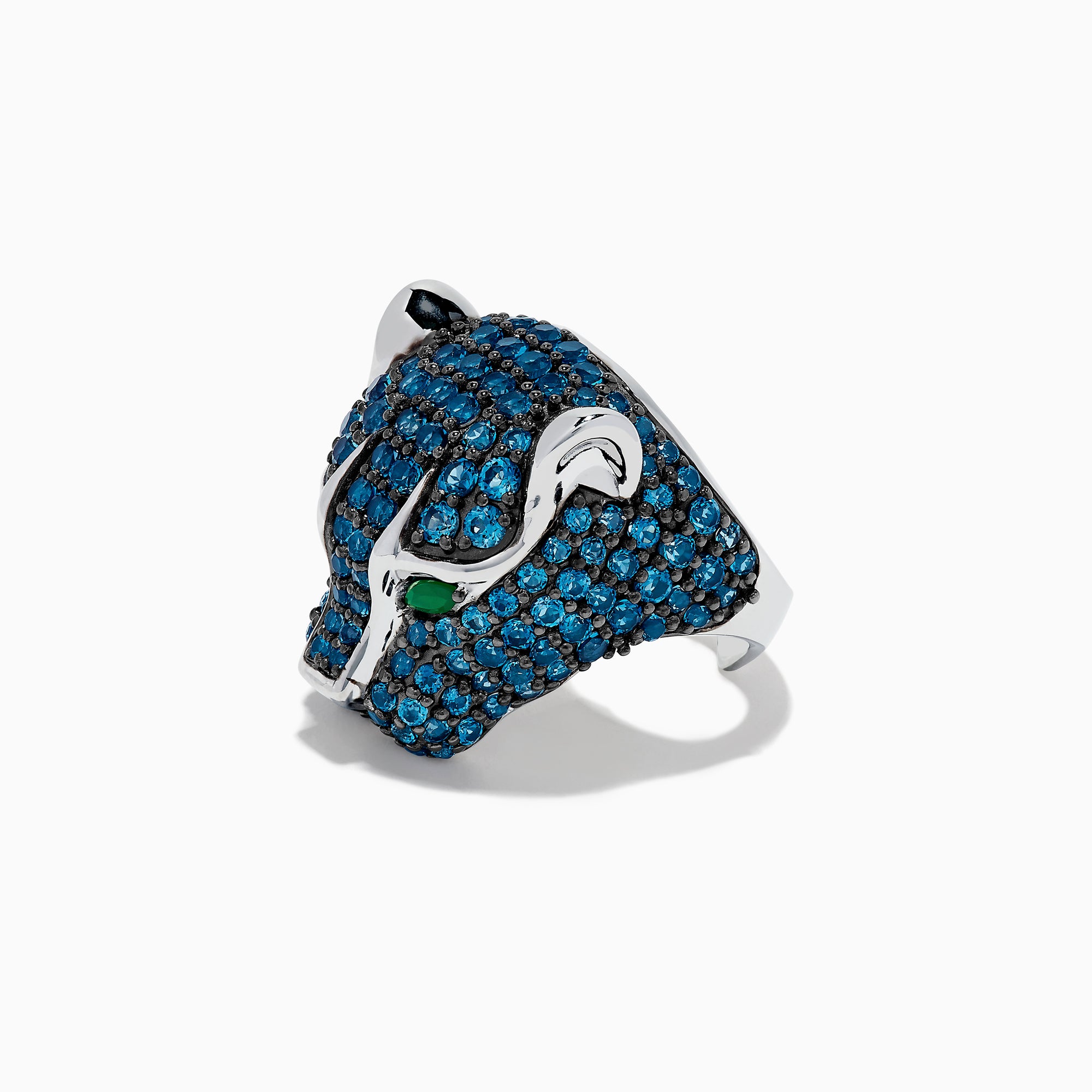 The 925 Sterling Silver Blue Topaz and Green Onyx Panther Ring features a panther’s head design with blue topaz gemstones and green onyx eyes, displayed on a white background.