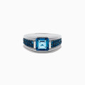 Mens 925 Sterling Silver Blue Topaz Ring featuring a large square-cut blue gemstone at the center with smaller round blue stones adorning both sides of the band.