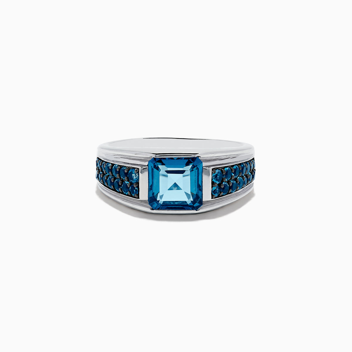 Mens 925 Sterling Silver Blue Topaz Ring featuring a large square-cut blue gemstone at the center with smaller round blue stones adorning both sides of the band.