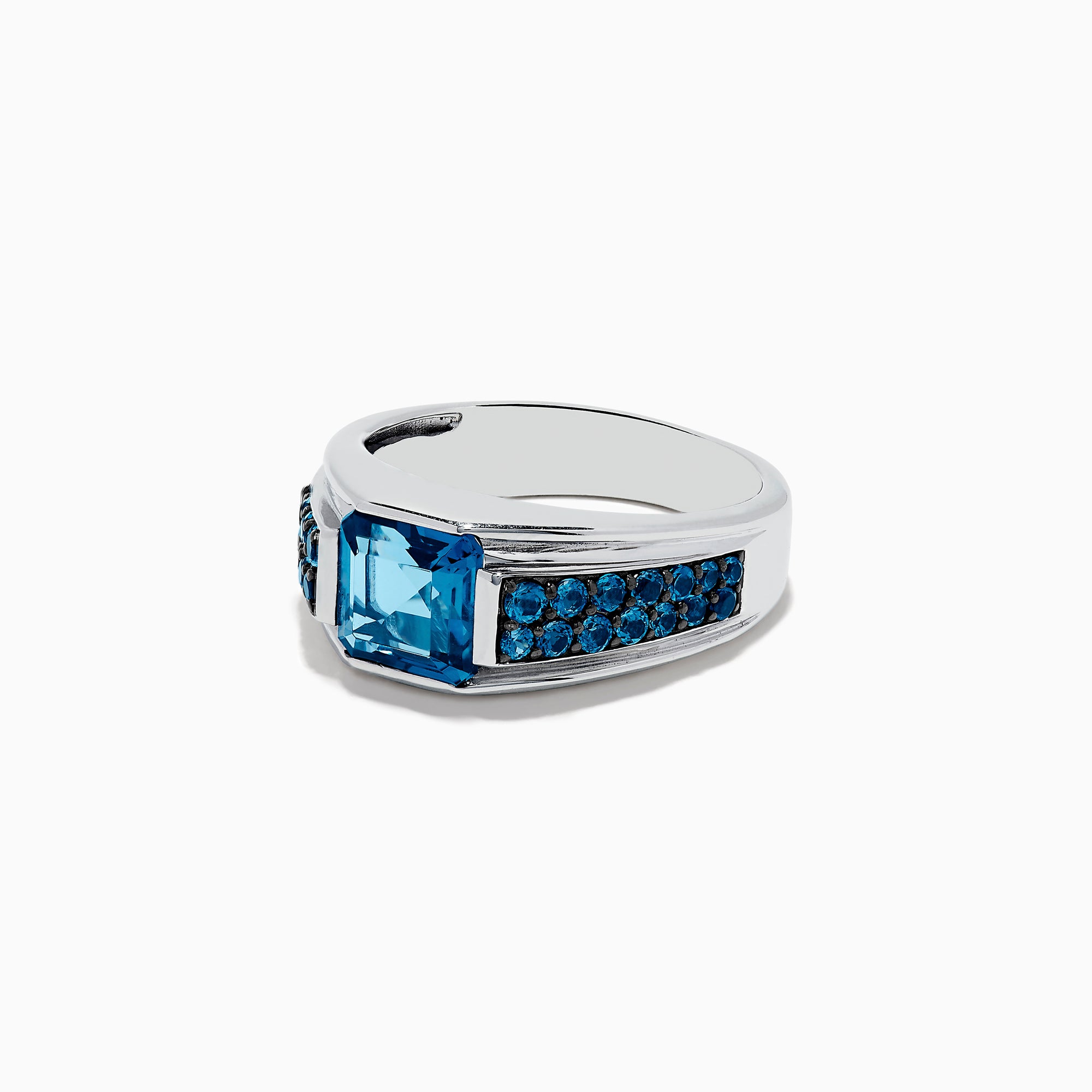 Mens 925 Sterling Silver Blue Topaz Ring featuring a large square-cut blue gemstone at the center with smaller round blue stones adorning both sides of the band.