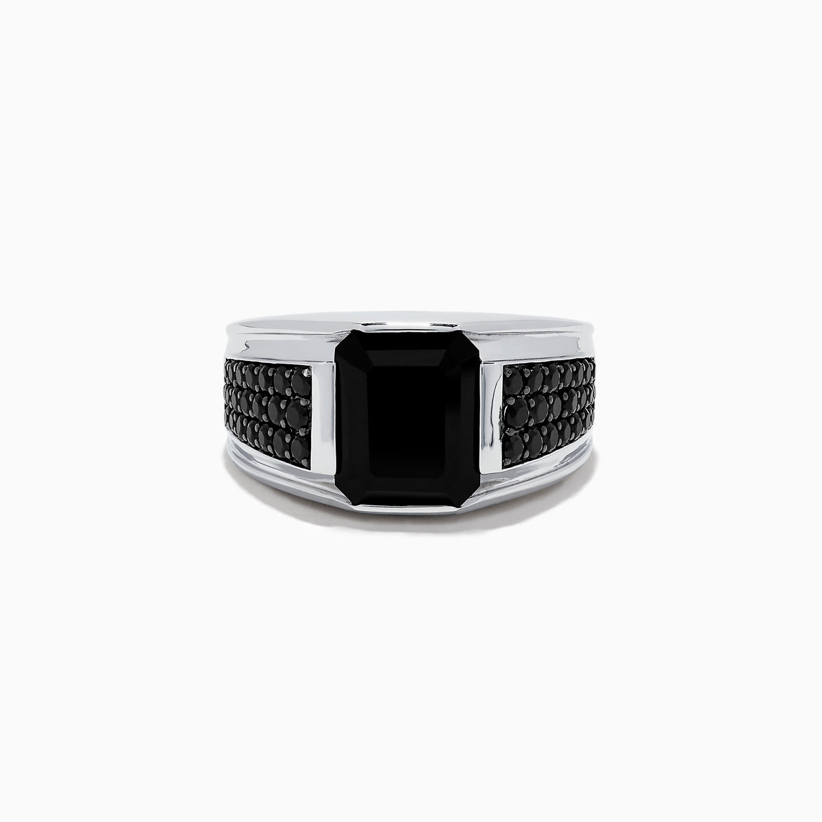 The Mens 925 Sterling Silver Onyx and Black Spinel Ring features a large rectangular black onyx centerpiece, accented by small round black spinel stones set along each side of the band, displayed on a white background.