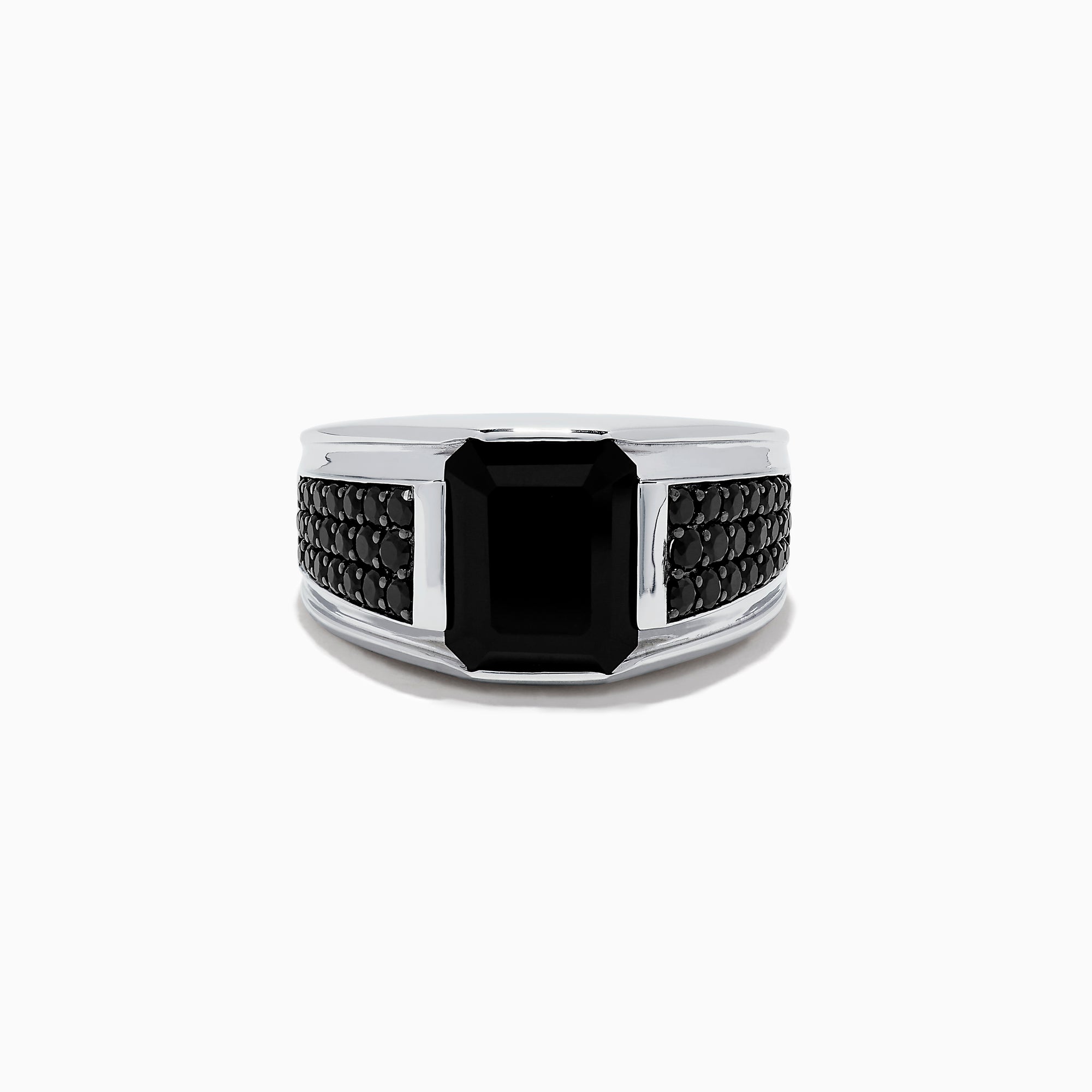 The Mens 925 Sterling Silver Onyx and Black Spinel Ring features a large rectangular black onyx centerpiece, accented by small round black spinel stones set along each side of the band, displayed on a white background.