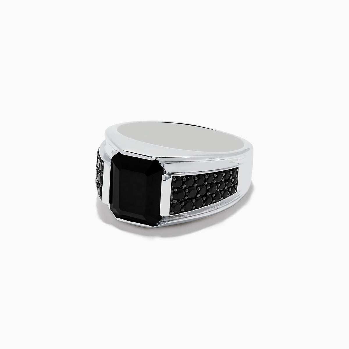 The Mens 925 Sterling Silver Onyx and Black Spinel Ring features a large rectangular black onyx centerpiece, accented by small round black spinel stones set along each side of the band, displayed on a white background.