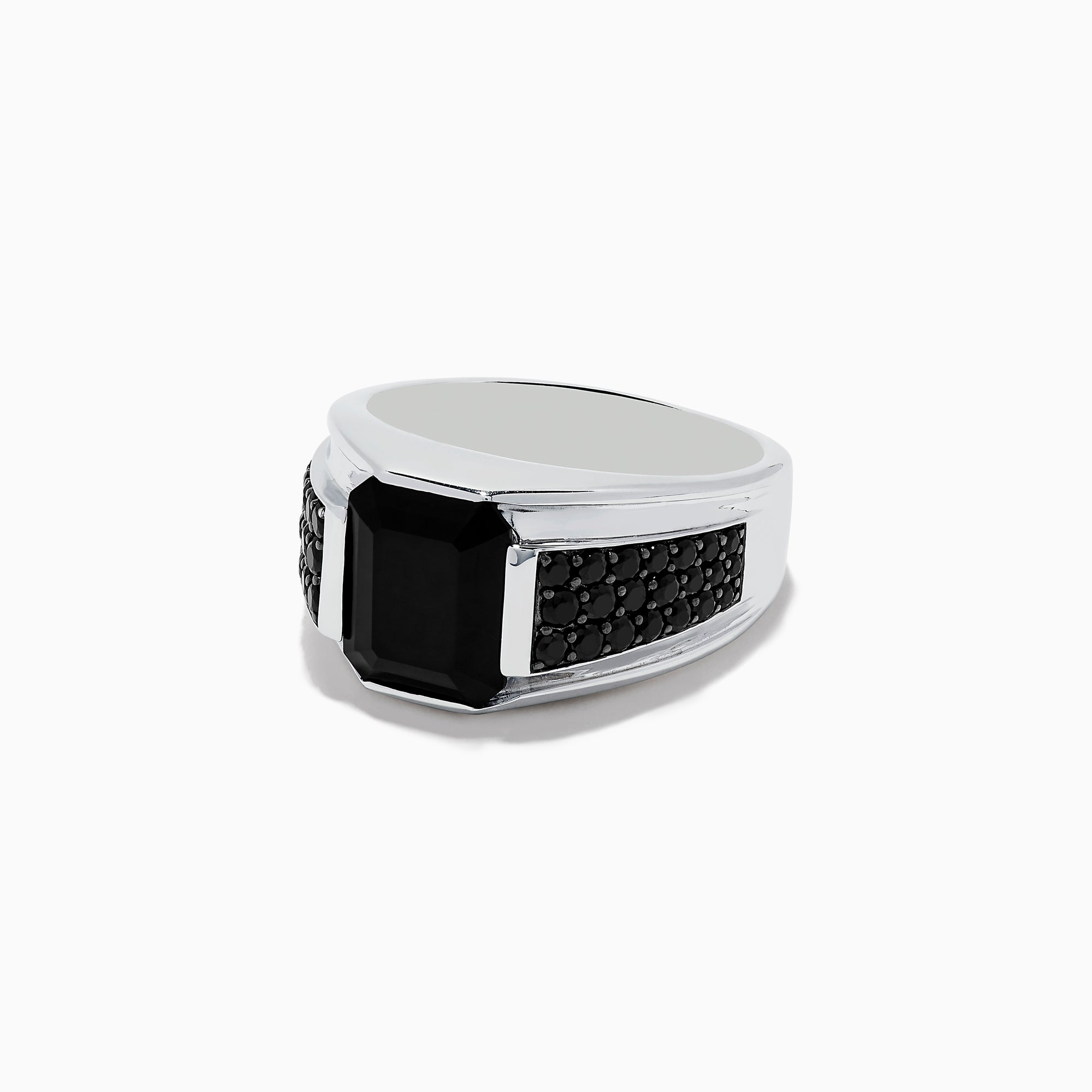 The Mens 925 Sterling Silver Onyx and Black Spinel Ring features a large rectangular black onyx centerpiece, accented by small round black spinel stones set along each side of the band, displayed on a white background.