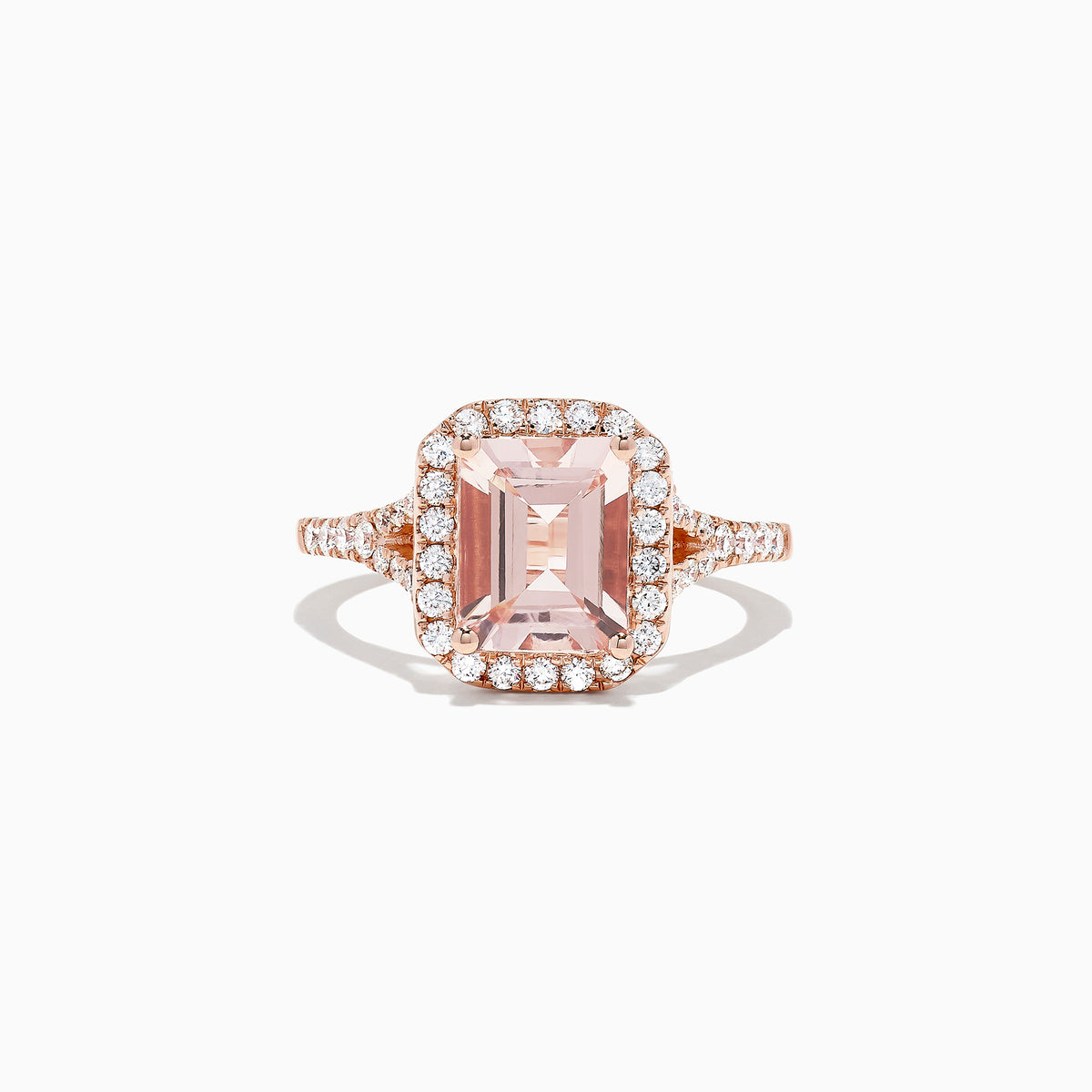 The Blush 14K Rose Gold Morganite and Diamond Ring, 2.70 TCW, features a striking emerald-cut morganite center surrounded by a diamond halo and diamond-accented band.