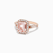 The Blush 14K Rose Gold Morganite and Diamond Ring, 2.70 TCW, features a striking emerald-cut morganite center surrounded by a diamond halo and diamond-accented band.