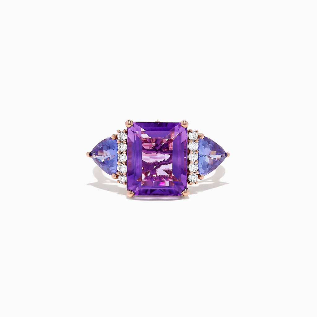 The 14K Rose Gold Amethyst, Tanzanite and Diamond Ring (7.49 TCW) showcases a large rectangular amethyst center, two triangular tanzanites, and four round diamonds on each side, all set against a white background.