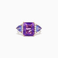 The 14K Rose Gold Amethyst, Tanzanite and Diamond Ring (7.49 TCW) showcases a large rectangular amethyst center, two triangular tanzanites, and four round diamonds on each side, all set against a white background.