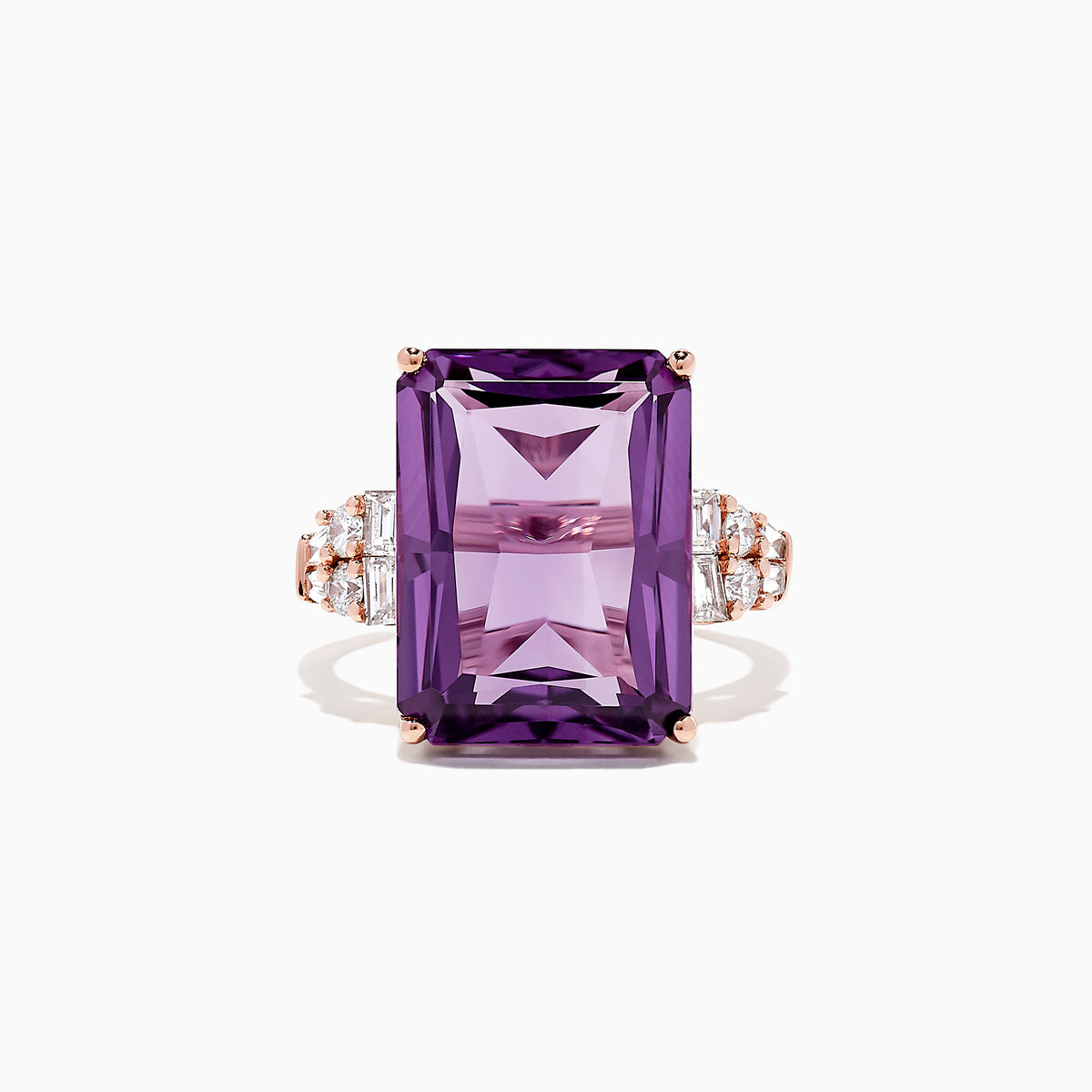 The 14K Rose Gold Amethyst and Diamond Cocktail Ring, 11.94 TCW, showcases a large rectangular-cut amethyst accented by round and baguette diamonds on the band, set in rose gold and displayed on a white background.