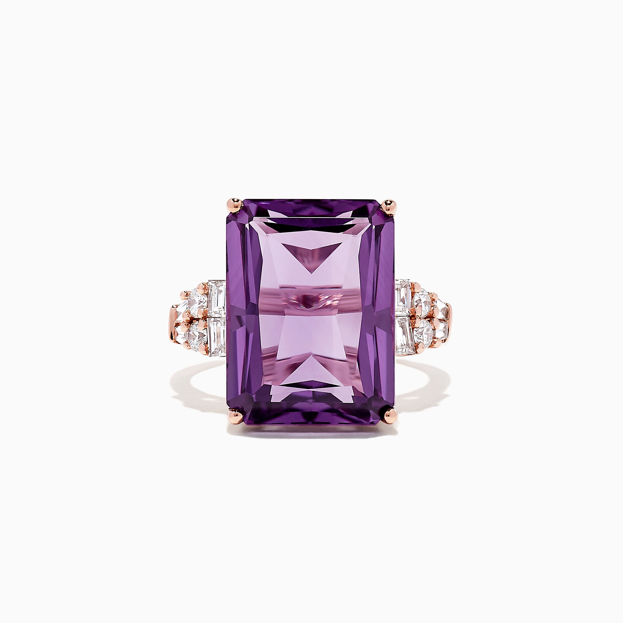 The 14K Rose Gold Amethyst and Diamond Cocktail Ring, 11.94 TCW, showcases a large rectangular-cut amethyst accented by round and baguette diamonds on the band, set in rose gold and displayed on a white background.