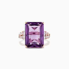 The 14K Rose Gold Amethyst and Diamond Cocktail Ring, 11.94 TCW, showcases a large rectangular-cut amethyst accented by round and baguette diamonds on the band, set in rose gold and displayed on a white background.
