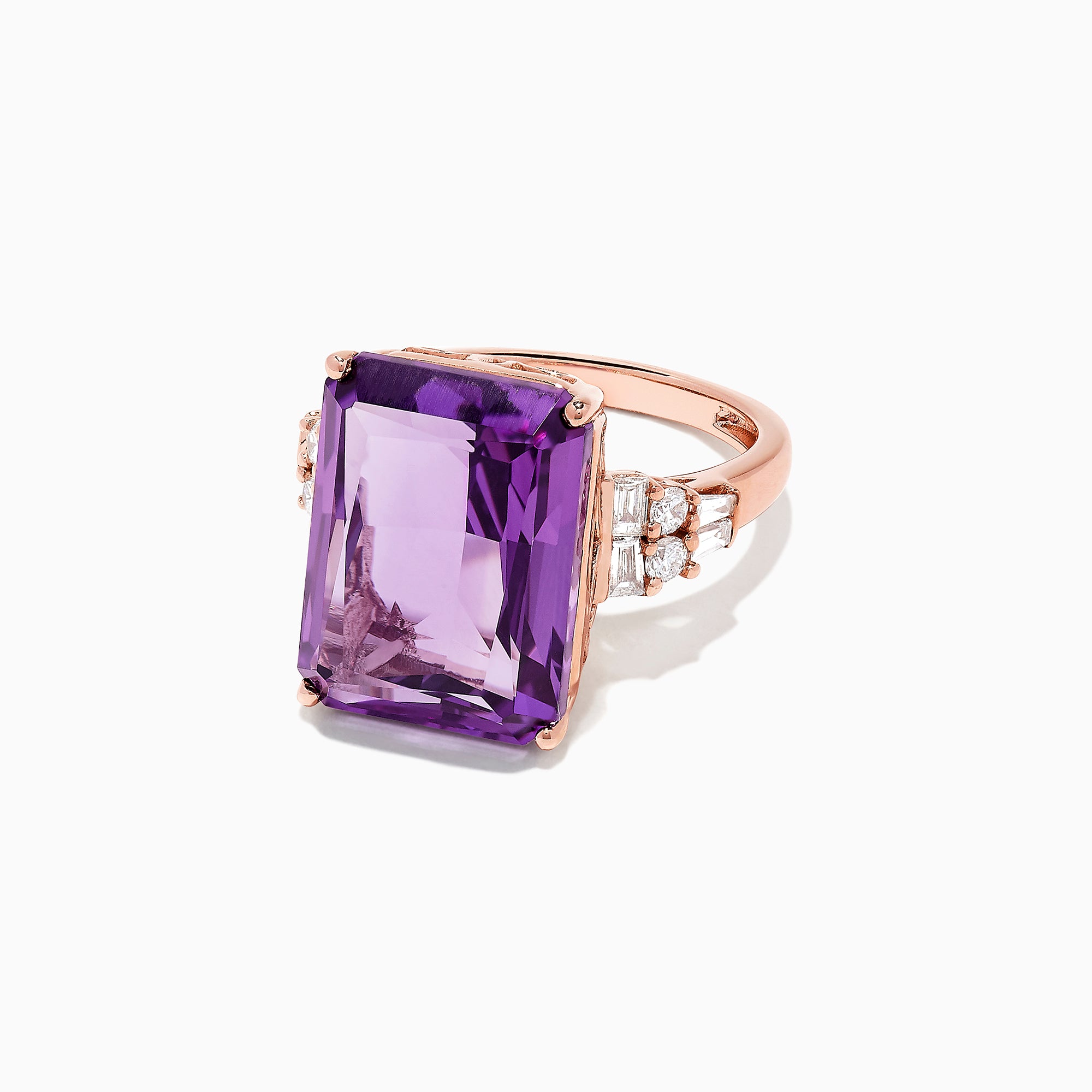 The 14K Rose Gold Amethyst and Diamond Cocktail Ring, 11.94 TCW, showcases a large rectangular-cut amethyst accented by round and baguette diamonds on the band, set in rose gold and displayed on a white background.