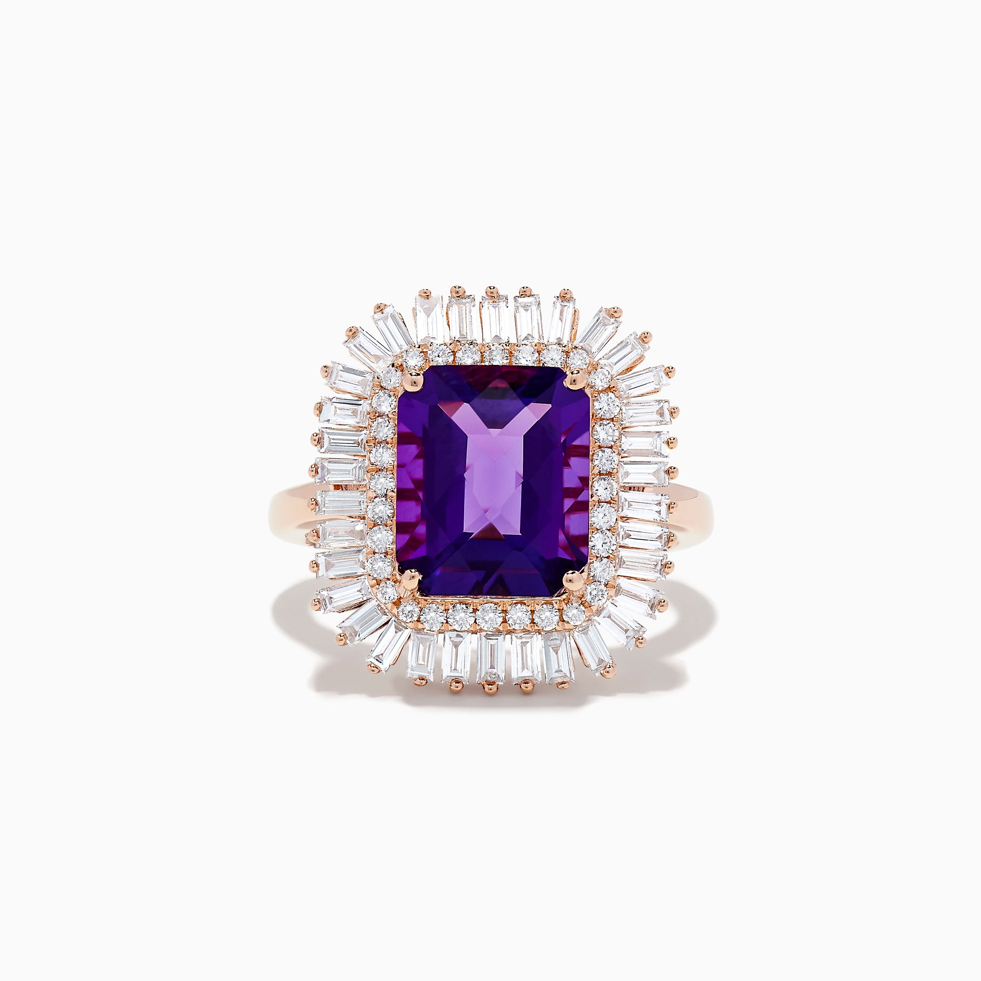 The 14K Rose Gold Amethyst and Diamond Cocktail Ring features a large rectangular amethyst center, encircled by two rows of sparkling white baguette and round diamonds in a dazzling halo setting.