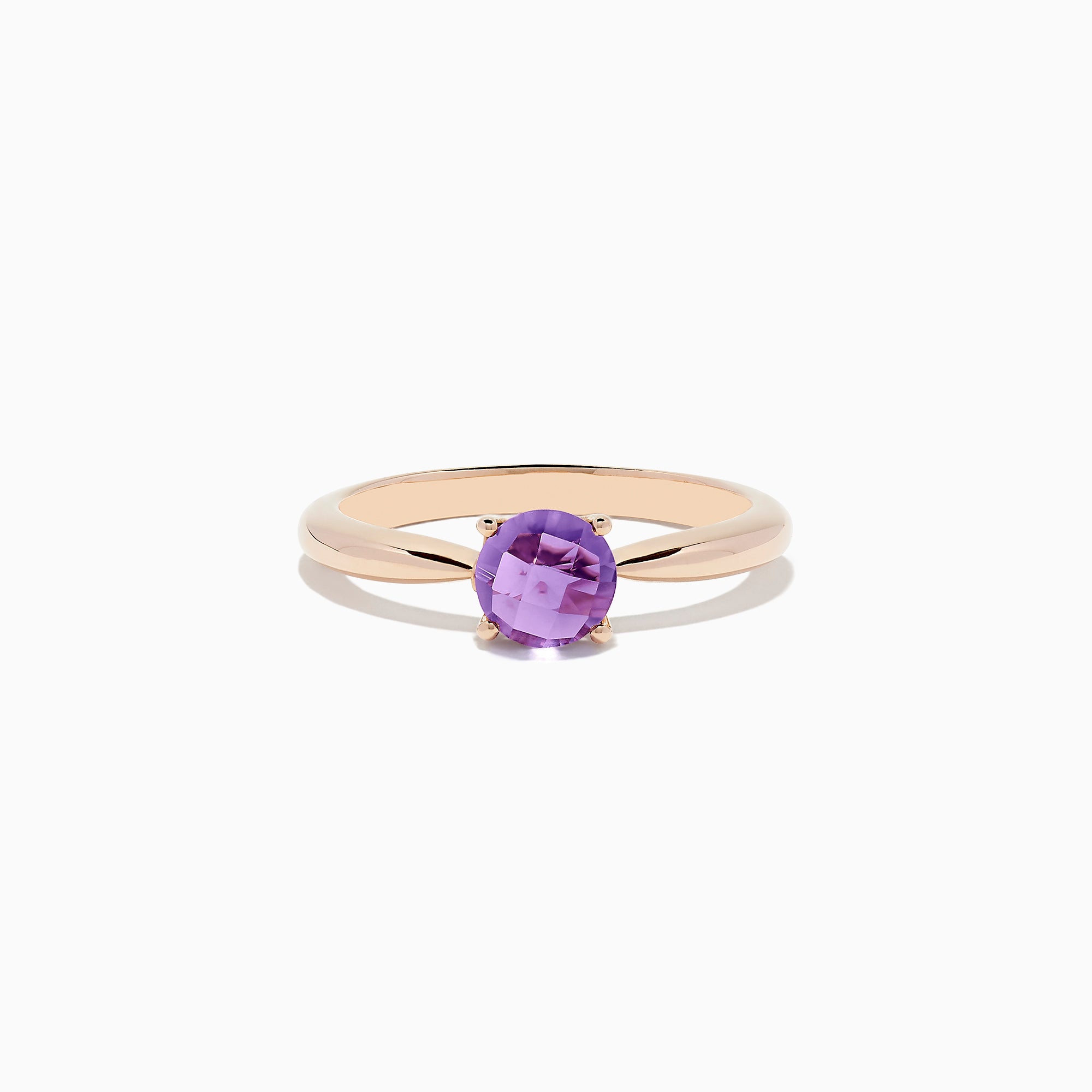A 14K rose gold ring features a round-cut amethyst gemstone (0.81 TCW) in a classic prong setting against a white background—an elegant Amethyst Ring perfect for any occasion.