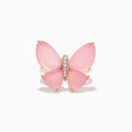 The Nature 14K Rose Gold Rose Quartz and Diamond Butterfly Ring features four pink rose quartz wings and a rose gold setting, with a vertical row of sparkling diamonds forming the butterfly’s body.