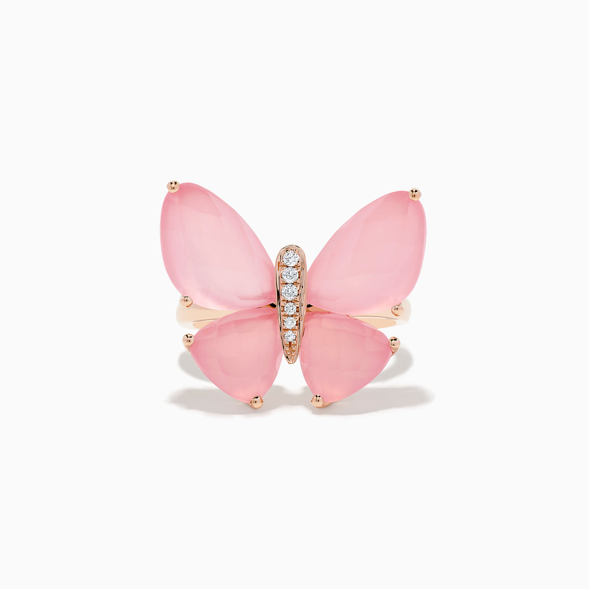 The Nature 14K Rose Gold Rose Quartz and Diamond Butterfly Ring features four pink rose quartz wings and a rose gold setting, with a vertical row of sparkling diamonds forming the butterfly’s body.