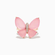 The Nature 14K Rose Gold Rose Quartz and Diamond Butterfly Ring features four pink rose quartz wings and a rose gold setting, with a vertical row of sparkling diamonds forming the butterfly’s body.