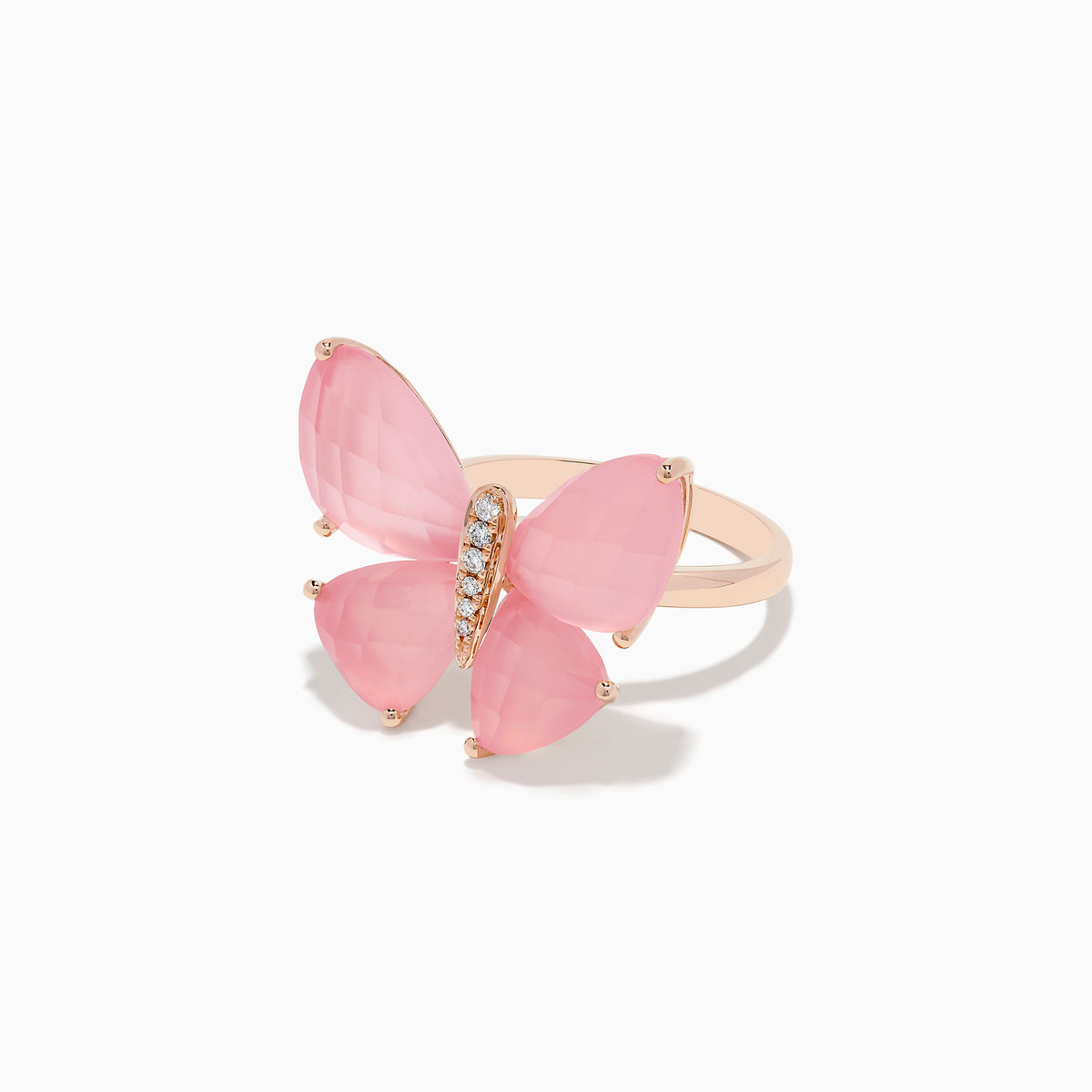 The Nature 14K Rose Gold Rose Quartz and Diamond Butterfly Ring features four pink rose quartz wings and a rose gold setting, with a vertical row of sparkling diamonds forming the butterfly’s body.