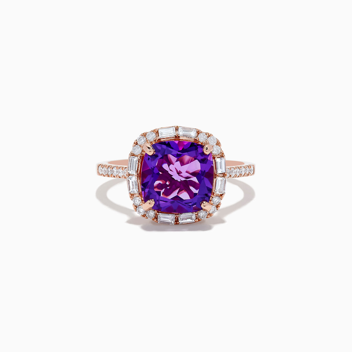 The 14K Rose Gold Amethyst and Diamond Ring showcases a large cushion-cut purple amethyst center, accented by small baguette and round diamonds, against a plain white background.