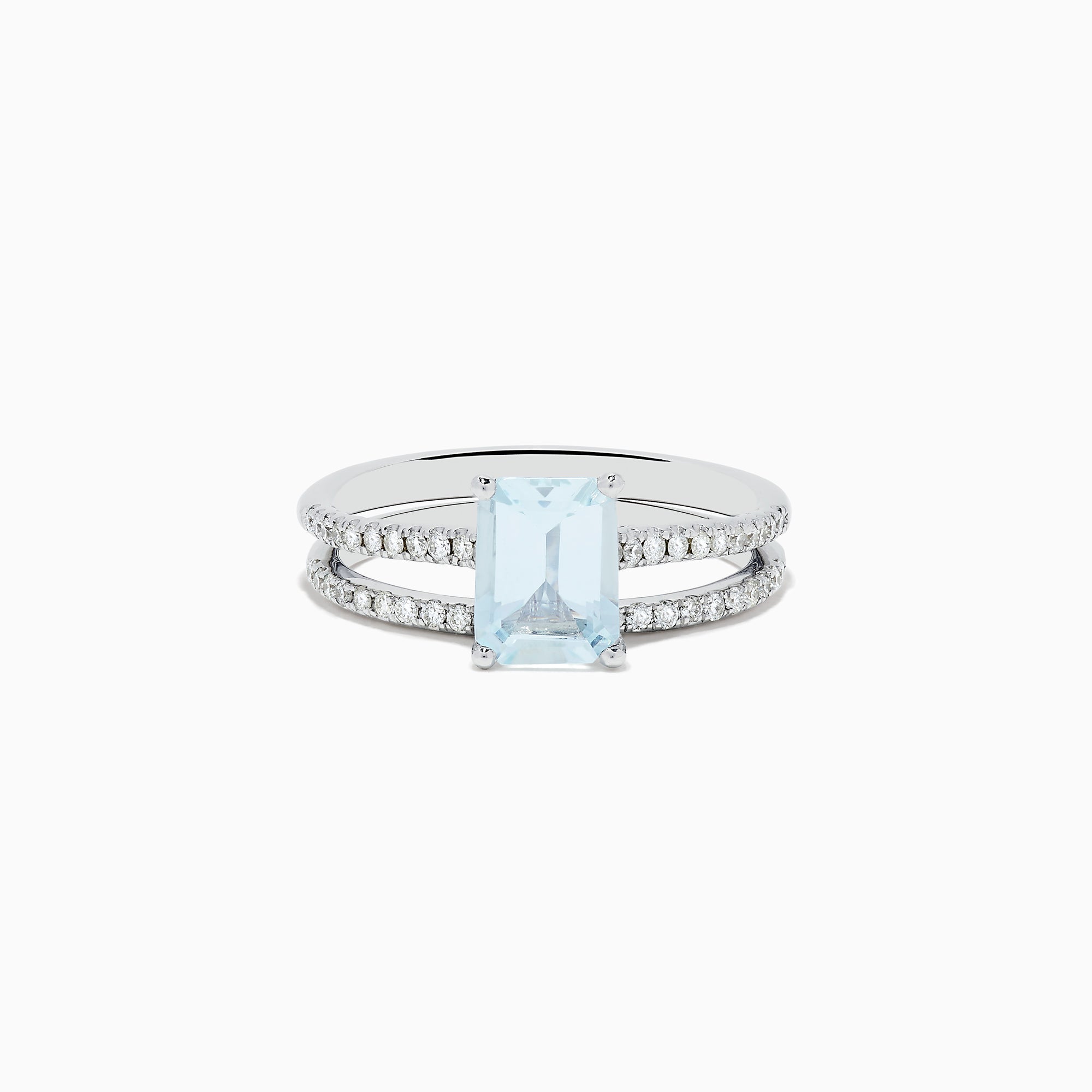 The Aquarius 14K Gold Aquamarine and Diamond Ring Set features a rectangular aquamarine centerpiece with two diamond-accented bands, shown against a plain white background.