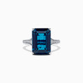 The Ocean Bleu 14K White Gold London Blue Topaz and Diamond Ring, 8.98 TCW, features a large rectangular blue topaz centerpiece with pavé-set white diamonds on the band, shown against a white background.