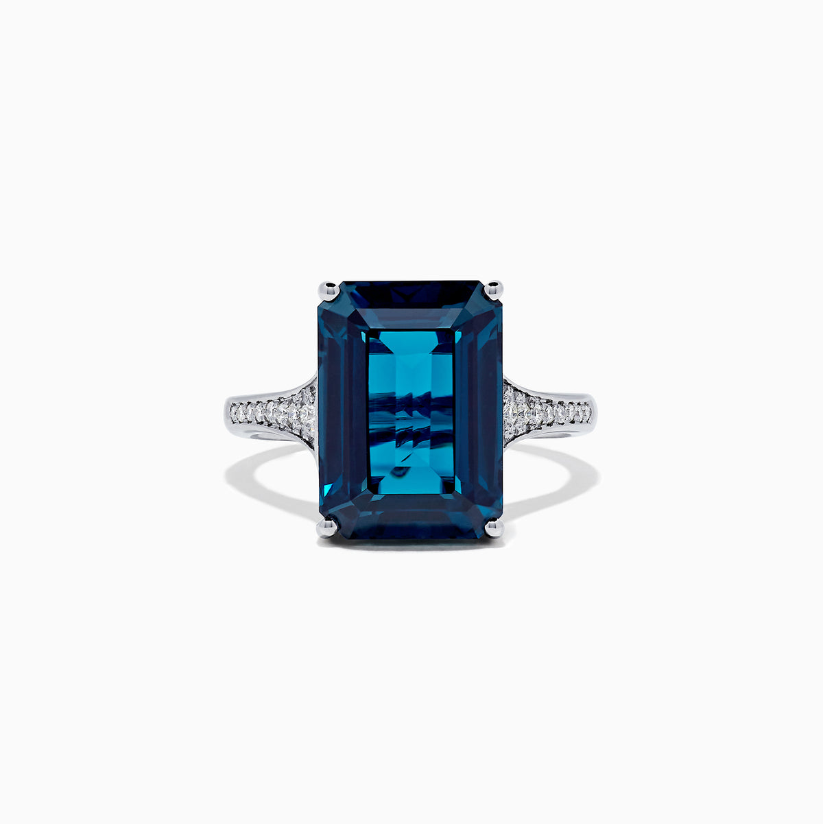 The Ocean Bleu 14K White Gold London Blue Topaz and Diamond Ring, 8.98 TCW, features a large rectangular blue topaz centerpiece with pavé-set white diamonds on the band, shown against a white background.
