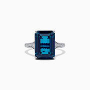 The Ocean Bleu 14K White Gold London Blue Topaz and Diamond Ring, 8.98 TCW, features a large rectangular blue topaz centerpiece with pavé-set white diamonds on the band, shown against a white background.