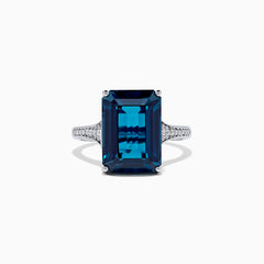The Ocean Bleu 14K White Gold London Blue Topaz and Diamond Ring, 8.98 TCW, features a large rectangular blue topaz centerpiece with pavé-set white diamonds on the band, shown against a white background.