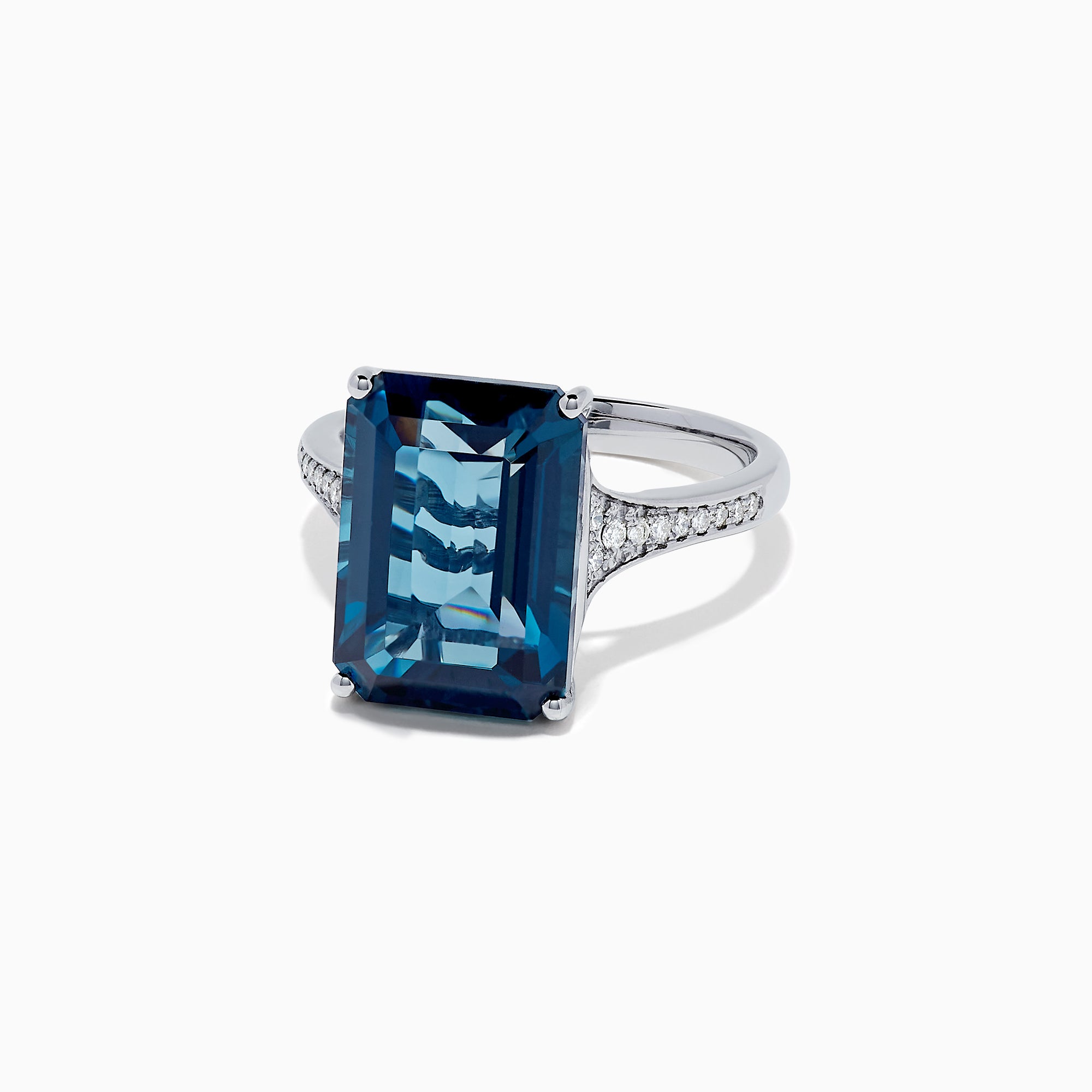 The Ocean Bleu 14K White Gold London Blue Topaz and Diamond Ring, 8.98 TCW, features a large rectangular blue topaz centerpiece with pavé-set white diamonds on the band, shown against a white background.
