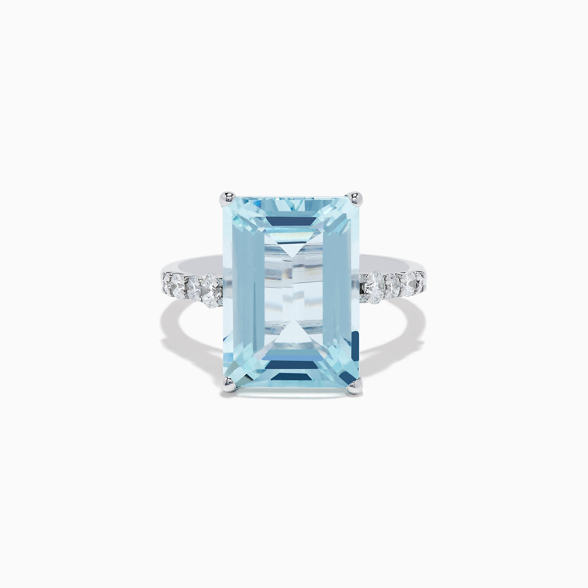 The Aquarius 14K White Gold Aquamarine and Diamond Cocktail Ring features a large rectangular aquamarine center stone flanked by round diamonds, all set in white gold and shown against a white background.