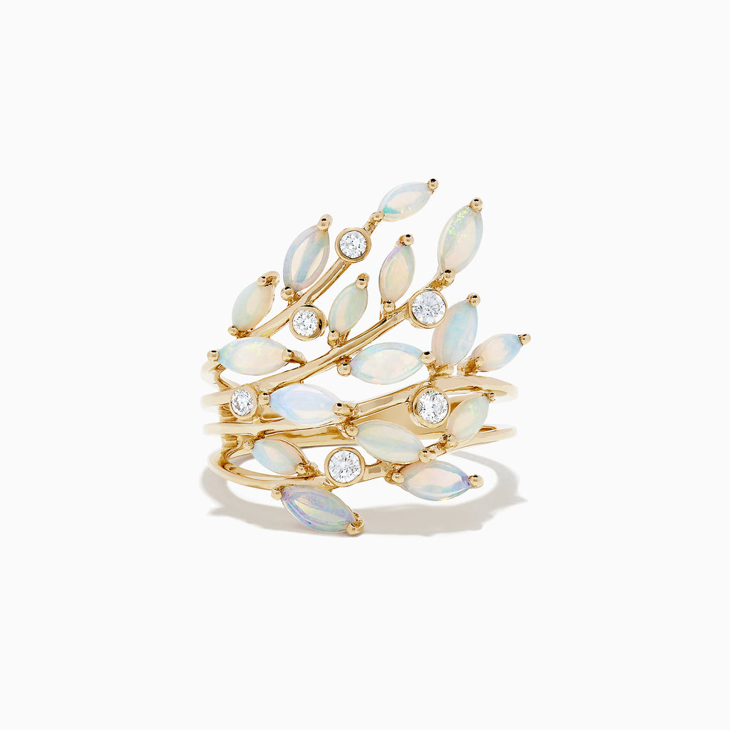 The Aurora 14K Yellow Gold Opal and Diamond Filagree Leaf Ring, 1.81 TCW, features marquise-shaped opals and round diamonds in a leafy, organic design against a white background.