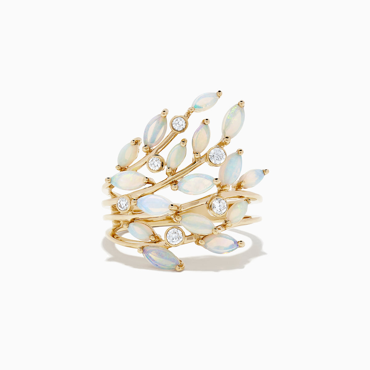 The Aurora 14K Yellow Gold Opal and Diamond Filagree Leaf Ring, 1.81 TCW, features marquise-shaped opals and round diamonds in a leafy, organic design against a white background.