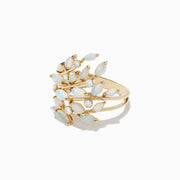 The Aurora 14K Yellow Gold Opal and Diamond Filagree Leaf Ring, 1.81 TCW, features marquise-shaped opals and round diamonds in a leafy, organic design against a white background.