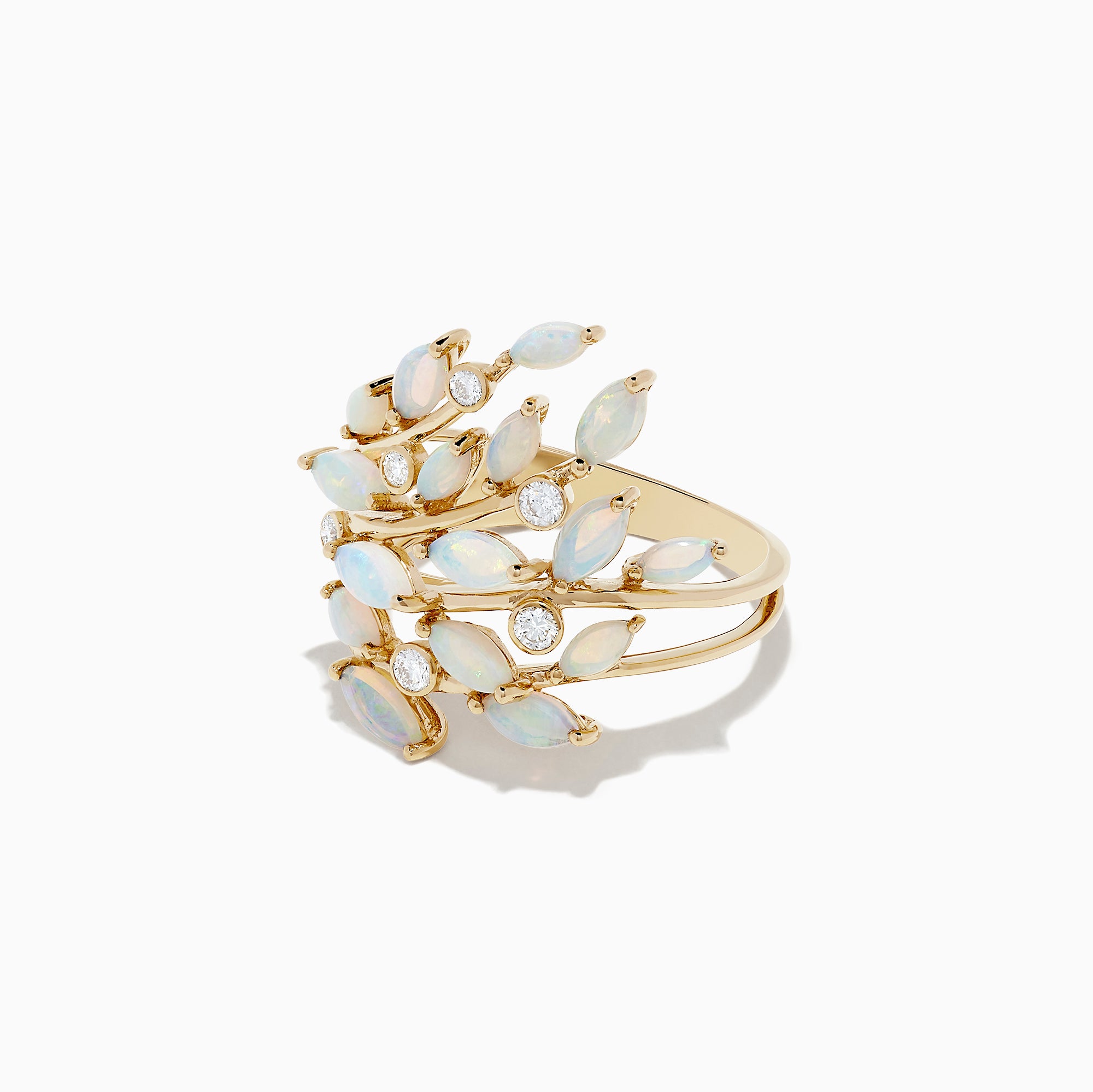 The Aurora 14K Yellow Gold Opal and Diamond Filagree Leaf Ring, 1.81 TCW, features marquise-shaped opals and round diamonds in a leafy, organic design against a white background.