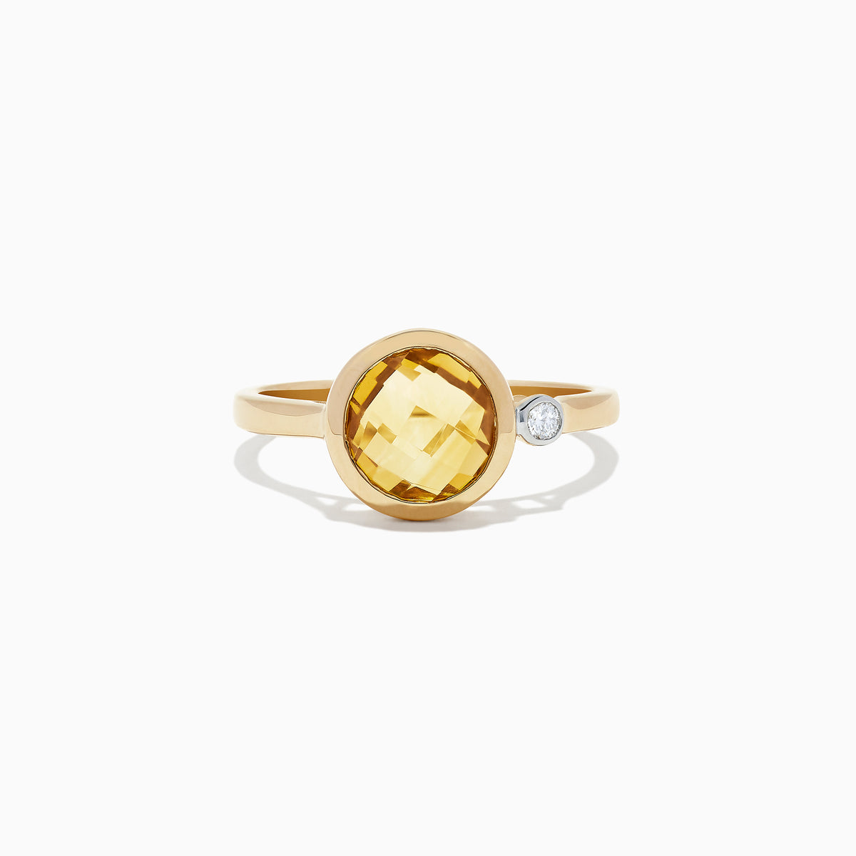 The Sunset 14K Yellow Gold Citrine and Diamond Ring, 1.53 TCW, features a round faceted citrine centerpiece accented by a small round diamond, shown against a plain white background.