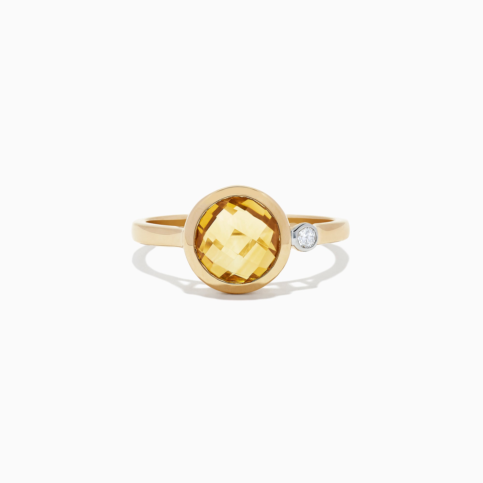 The Sunset 14K Yellow Gold Citrine and Diamond Ring, 1.53 TCW, features a round faceted citrine centerpiece accented by a small round diamond, shown against a plain white background.