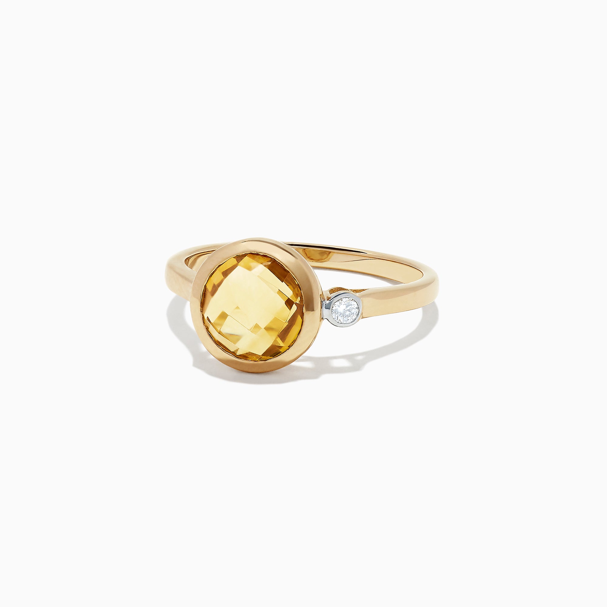 The Sunset 14K Yellow Gold Citrine and Diamond Ring, 1.53 TCW, features a round faceted citrine centerpiece accented by a small round diamond, shown against a plain white background.
