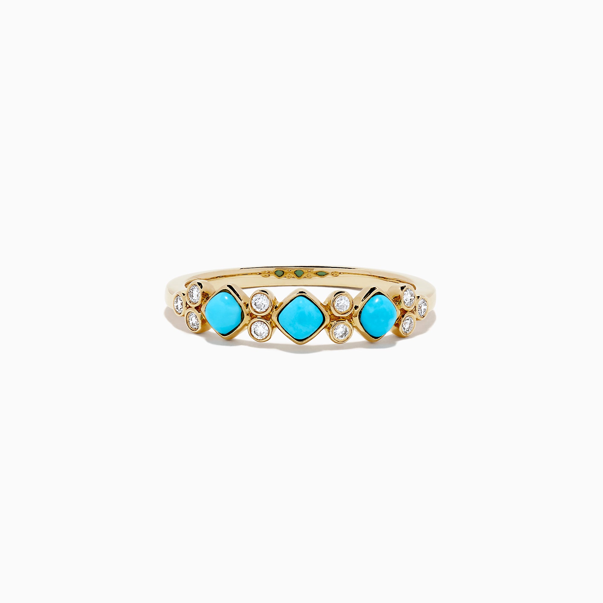 The 14K Yellow Gold Turquoise and Diamond Ring, 0.39 TCW, features three turquoise stones and six small round diamonds set in an alternating pattern along the band.