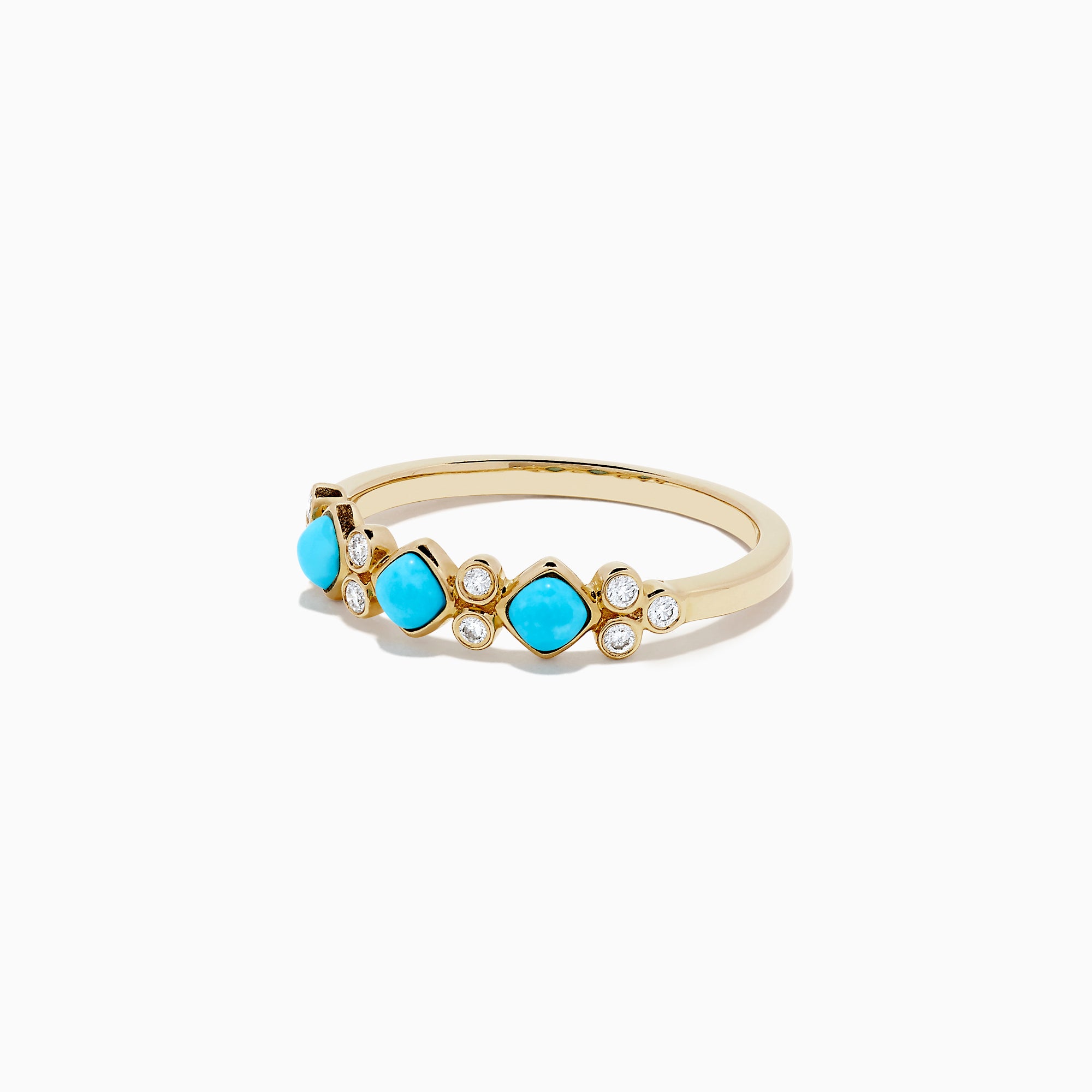 The 14K Yellow Gold Turquoise and Diamond Ring, 0.39 TCW, features three turquoise stones and six small round diamonds set in an alternating pattern along the band.