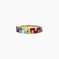 The Mosaic 14K Yellow Gold Multi Gemstone and Diamond Ring, 1.40 TCW, features vibrant red, orange, yellow, green, blue, and purple rectangular stones set in two rows with sparkling diamonds nestled between.
