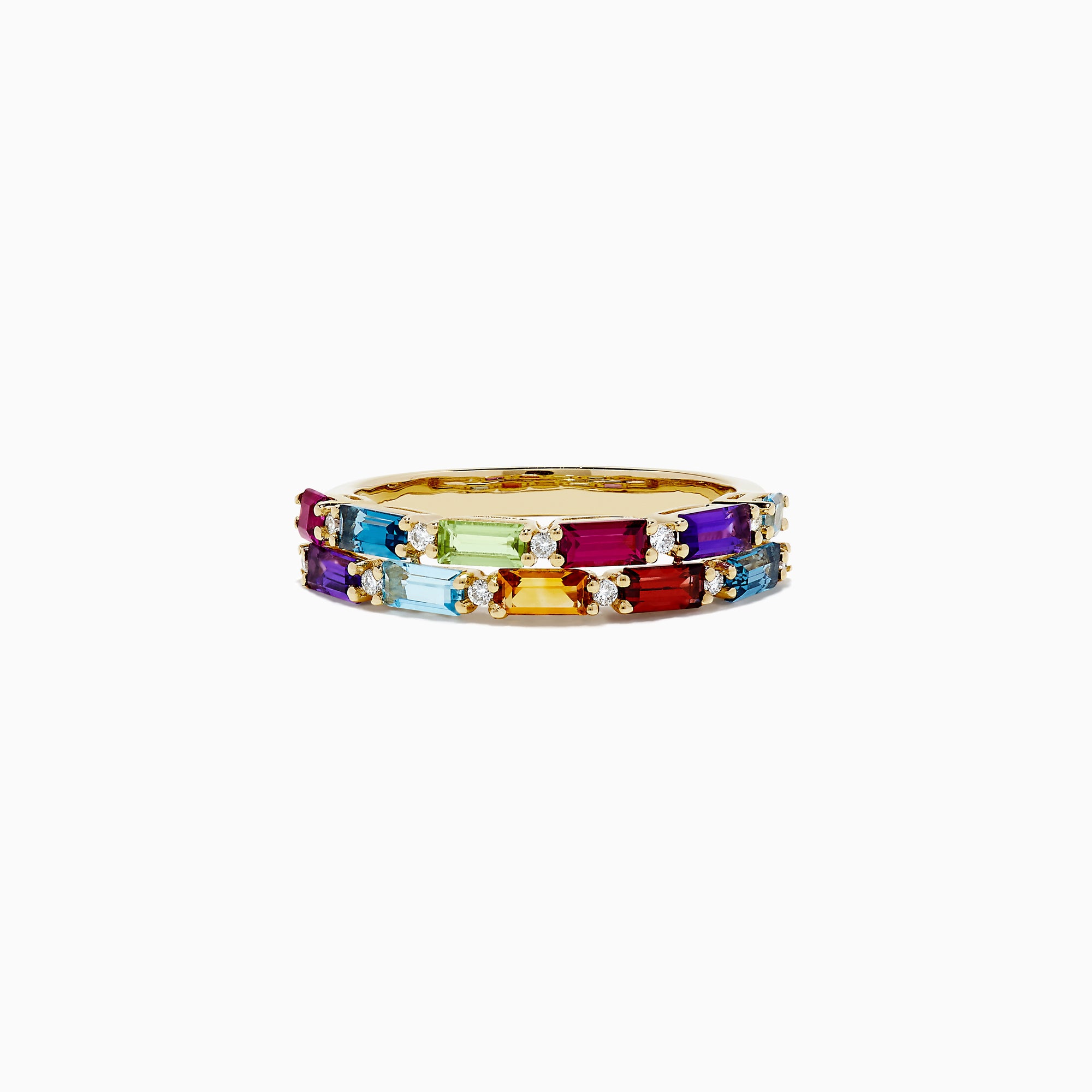 The Mosaic 14K Yellow Gold Multi Gemstone and Diamond Ring, 1.40 TCW, features vibrant red, orange, yellow, green, blue, and purple rectangular stones set in two rows with sparkling diamonds nestled between.